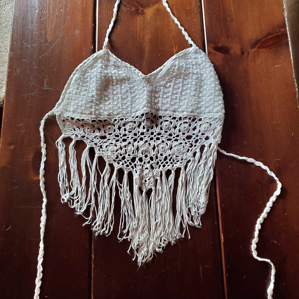 White Crochet Fringe Halter Top Kroshetta by Papillon